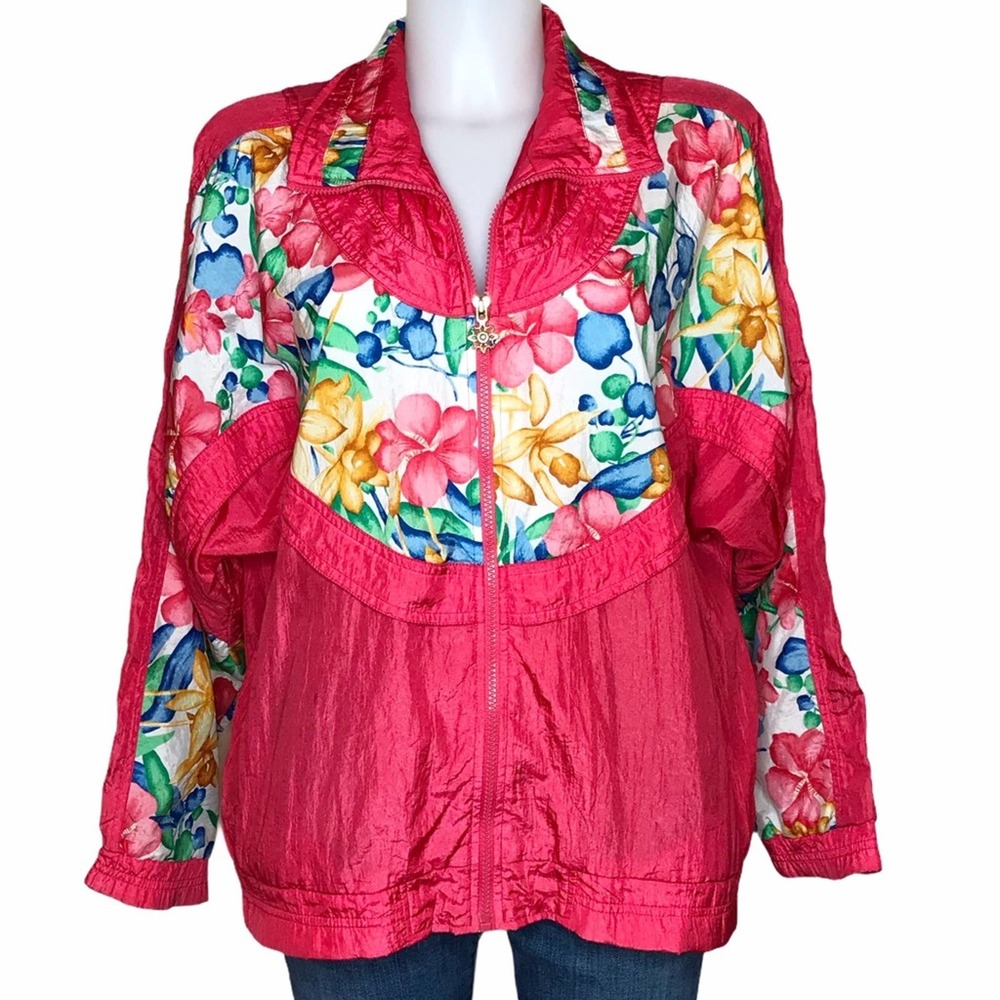 Vintage 80s Lavon Floral Nylon Windbreaker Jacket Pink Size Small Zip Multicolor